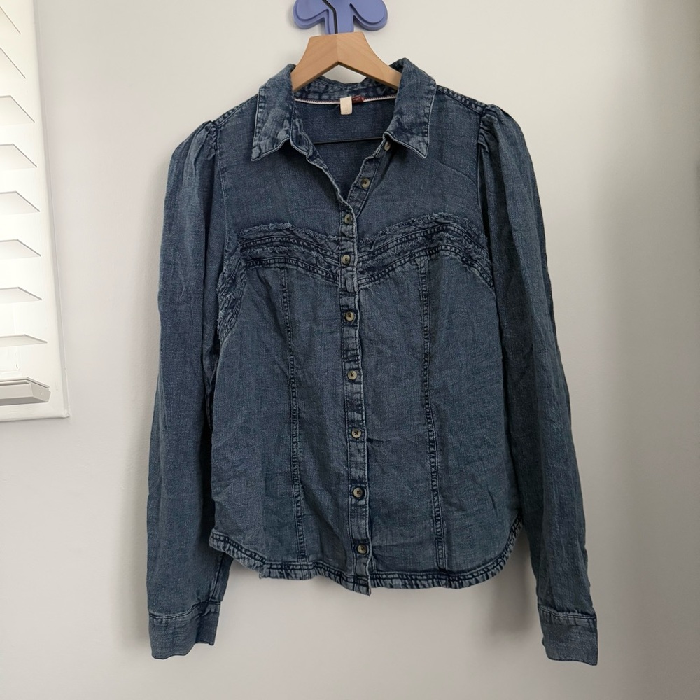 Anthropologie Pilcro 1X Denim Corset Button Up Long Sleeve Shirt Western Rodeo - Picture 2 of 9